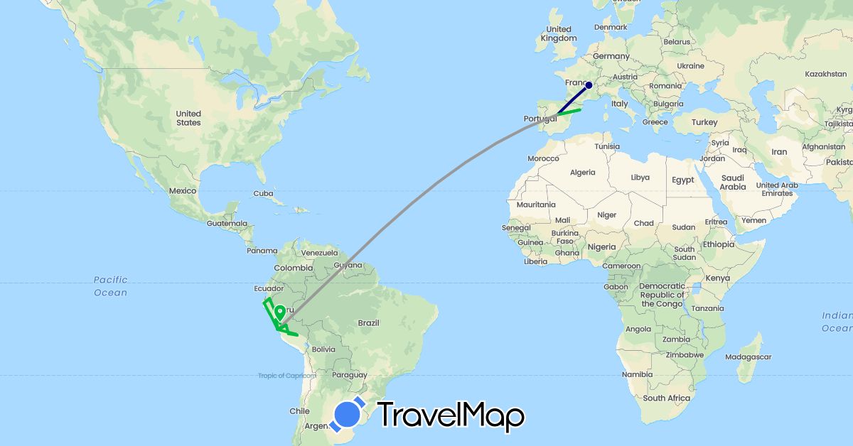 TravelMap itinerary: driving, bus, plane in Ecuador, Spain, France, Peru (Europe, South America)